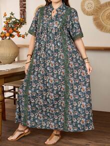 Lacomfia Random Floral Print Pattern Loose Fashionable Simple Elegant Patchwork Lace Comfortable Versatile Plus Size Women Dress - Multicolor - View 6