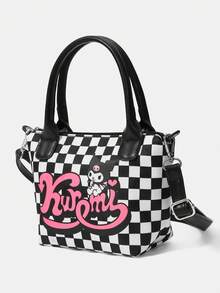 HELLO KITTY AND FRIENDS | SHEIN 黑色格紋印花時尚便攜大容量手提包 - 黑與白 - 查看 2