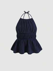 SHEIN Tween Girl Casual Sleeveless Ruffle Hem Crop Top And Pants Set - Navy Blue - View 3