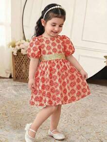 SHEIN Vestido de verano para niñas con mangas cortas, cintura ceñida y lunares dorados elegantes - Rosa - Ver 3