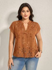 Comfylo Blouse à manches courtes col V avec broderie florale pour femmes grandes tailles - Tabac - Voir 3