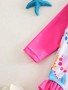 SHEIN Newborn Baby Cartoon Dinosaur Print Raglan Sleeve Ruffled Trim One-Piece Swimsuit - Hot Pink - View 4