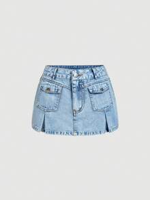 Sweetra 女士休闲牛仔迷你裙 - 藍色 - 查看 1