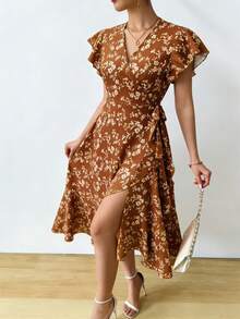 EMERY ROSE 花卉印花蝴蝶袖侧边打结连衣裙酒红色长款女装 - 棕色 - 查看 4