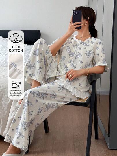 DAZY Conjunto de pijama holgado para mujer con bordado floral y ribete de volantes