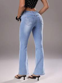 SHEIN TRNDY 女士低腰休闲时尚喇叭百搭牛仔裤 - 淺色水洗藍 - 查看 7