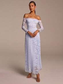 COSMINA Women's Elegant Lace Patchwork Ruched Off Shoulder Long Sleeve Maxi Dress,Light Blue Autumn Tropical Cocktail Formal Wedding Party Baby Blue Gown - Baby Blue - View 4