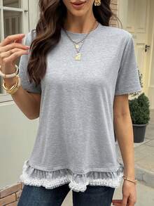 DAZY 女士圆领层叠荷叶边修身T恤 - 灰色 - 查看 5