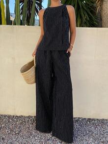 DAZY Striped Gray Sleeveless Top & Wide Leg Pants 2 Pieces Set, Unique High-End Casual Summer Outfit For Women - Black - View 1
