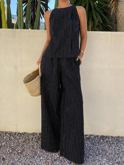 DAZY Striped Gray Sleeveless Top & Wide Leg Pants 2 Pieces Set, Unique High-End Casual Summer Outfit For Women