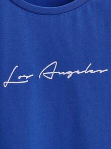 SHEIN Teen Boys' Casual English Graphic Print Short Sleeve Cotton T-Shirt, Summer - Royal Blue - View 3