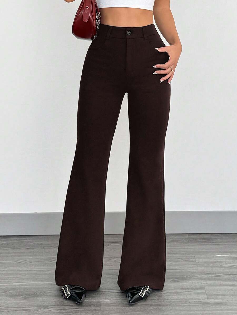 SHEIN EZwear Quần dài nữ cỡ lớn màu nâu sô cô la kiểu dáng thường ngày - Màu nâu Sô-cô-la - Xem 1