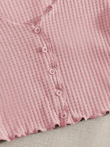 SHEIN EZwear Áo thun nữ cổ chữ V dệt kim có cúc và viền bèo nhún, nhiều chiếc - Bụi hồng - Xem 5