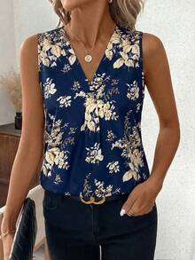 SHEIN Clasi 春夏植物印花无袖V领修身女式衬衫 - 藏蓝色 - 查看 3