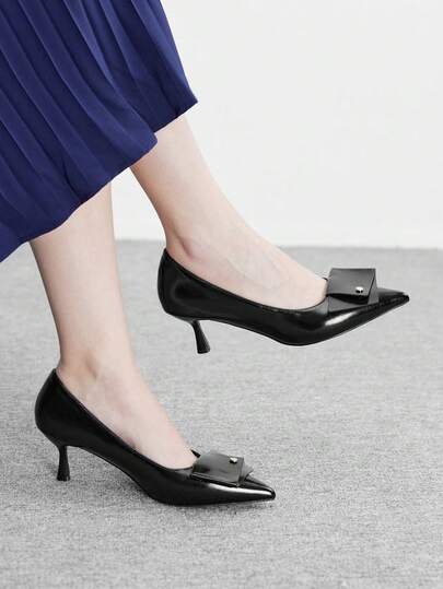 CUCCOO BIZCHIC Women's High-Heeled Shoes, Black Pointed Leather High Heels, Bow-Tie Decorative Elegant Shoes, Workplace Commuting Dating Versatile Women's Shoes