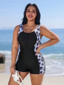 Swim SPRTY 大码女式无袖拉链拼接印花休闲度假连体泳衣，夏季 - 彩色 - 查看 4