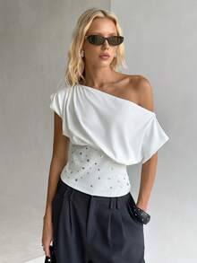 TRNVIE Camiseta de mujer con hombro asimétrico, ajustada, con bordado de lentejuelas vintage, para primavera/verano - Blanco - Ver 4