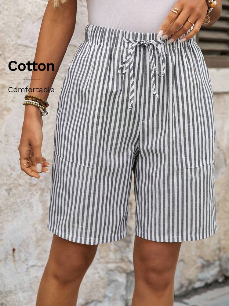 Striped Bermuda Shorts With Side Pockets, Loose Fit Mid-Waist Basic Style Summer Shorts For Women Jorts