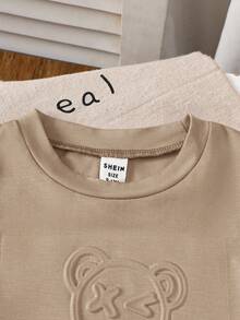 SHEIN 2pcs/Set Baby Boy Cute Cartoon Print Knit Short Sleeve T-Shirt & Elastic Waist Blue   Shorts Set, Summer - Khaki - View 6