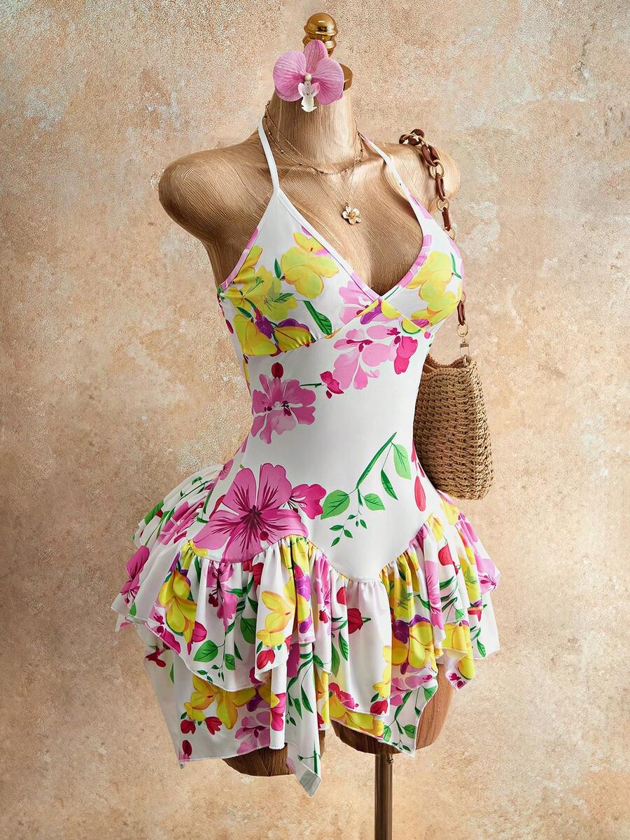 Mistrie 夏季新款碎花V领吊带腰部不对称荷叶边下摆女士度假连衣裙 - 彩色 - 查看 1