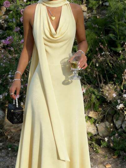 SHEIN MOD Vory Velvet Fabric Dress, Halter Neckline, Draped Cowl Front, Sleeveless Design, Fitted Waist, Flowing A-Line Skirt, Soft Texture, Luxurious Finish, Smooth Surface, Lightweight Material, Elegant Drape, Breathable Fabric, Feminine Silhouette, Classic Style, Comfortable Wear, Subtle Sheen, Natural Fibers, Floor-Length Design, Refined Craftsmanship, Flattering Fit, Timeless Look, Delicate Shimmer. Pale Yellow Dress Lemon Dress Long Sundress Halter Cowl Neck Dress  Summer Clothes Summer Outfits For Women  Easter Dress Women Party Dress Beach Dresses Wedding Guest Dresses Graduation Dresses Summer Holiday Outfits