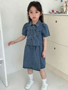 DAZY Conjunto informal de niña joven de primavera: camisa de manga abullonada con botones y minifalda de mezclilla - Azul lavado medio - Ver 5