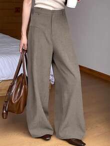 DAZY 女士纯色高腰阔腿宽松休闲裤 - 杏色 - 查看 3