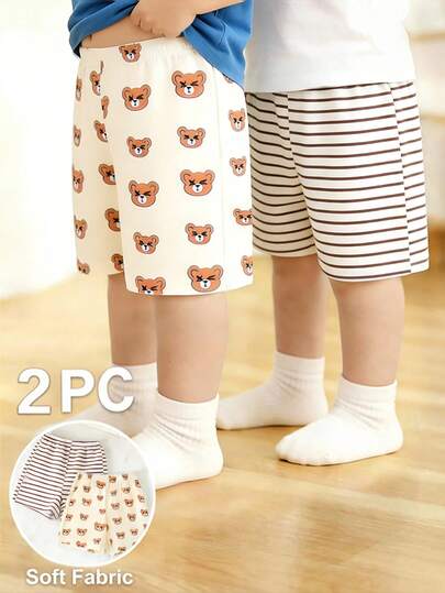 SHEIN Playful Pals Pantalones cortos de niño bebé a rayas marrones y blancas, llenos de un ambiente fresco y enérgico. Esquema de color clásico, minimalista pero con diseño. Cintura elástica para un ajuste cómodo. Adecuado para uso casual en casa o para combinar al aire libre.