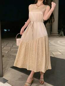 DAZY 女士优雅亮片拼接系带无袖中长连衣裙，夏季 - 米色 - 查看 1