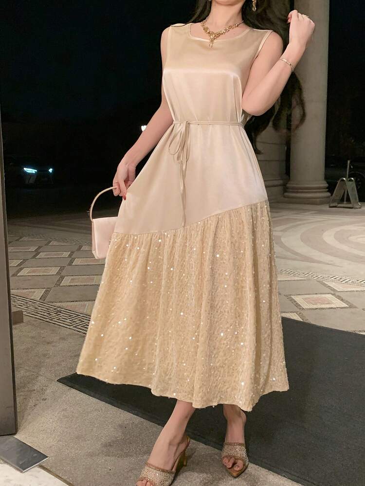 Women's Elegant Sequin Patchwork Belted Sleeveless Mid-Length Dress, Summer,Wedding Guest Dress Women Sundress