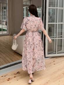 DAZY 女士优雅印花系领荷叶袖中长连衣裙 夏季 - 粉色 - 查看 2