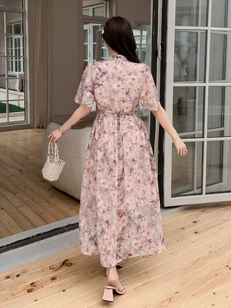 Women's Elegant Floral Print Tie Neck Ruffle Sleeve Midi Dress Summer,Wedding Guest Dress Women Boho