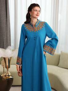 Al Najma Elegant V-Neck Front Button Embroidered Dress - Blue - View 6