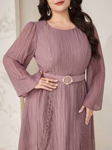 Veilorie Plus Size Women's Solid Color Round Neck Long Sleeve Contrast Lace Elegant Arabic Style Dress - Dusty Pink - View 4