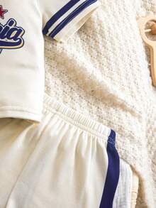 Newborn Baby Boy Clothes Off-White Summer Casual Vacation Sports Letter Print Short Sleeve T-Shirt And Shorts Set,Basketball Football Baseball Outfit - Apricot - View 6