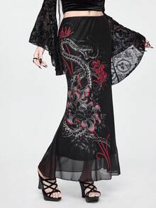 ROMWE Goth Spring/SummergraphicblackDark Academia Chinese Style Hibiscus & Snake Skin Print Bodycon Mermaid Skirt - Black - View 1