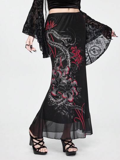 ROMWE Goth 暗黑学院风中式芙蓉花蛇纹印花紧身鱼尾裙