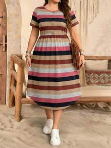 SHEIN LUNE SHEINLUNE Plus Size Women Striped Short Sleeve Knit Dress,Pink And Grey Summer Boho Vacation Holiday Outfits,Modest Spring Resort Wear,Tropical Club - Multicolor - View 5