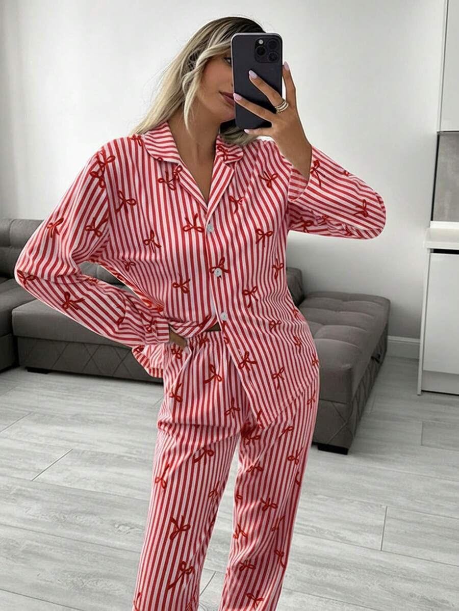 EURMUSE Women 2 Pcs Button Front With Striped&Bot Pattern Homewear Cute Pajama Set - Red - View 1