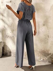 SHEIN Clasi Women's Casual Solid Color Backless Straight Jumpsuit, Summer - Dark Grey - View 4
