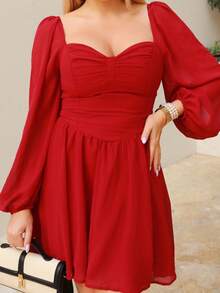 Cioccolato 褶皱胸围灯笼袖红色约会晚礼服 - 酒紅色 - 查看 3