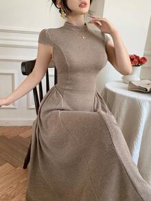 DAZY Women's Solid Color Stand Collar Cap Sleeve Ribbed Midi Dress Summer Sundress - Khaki - View 7