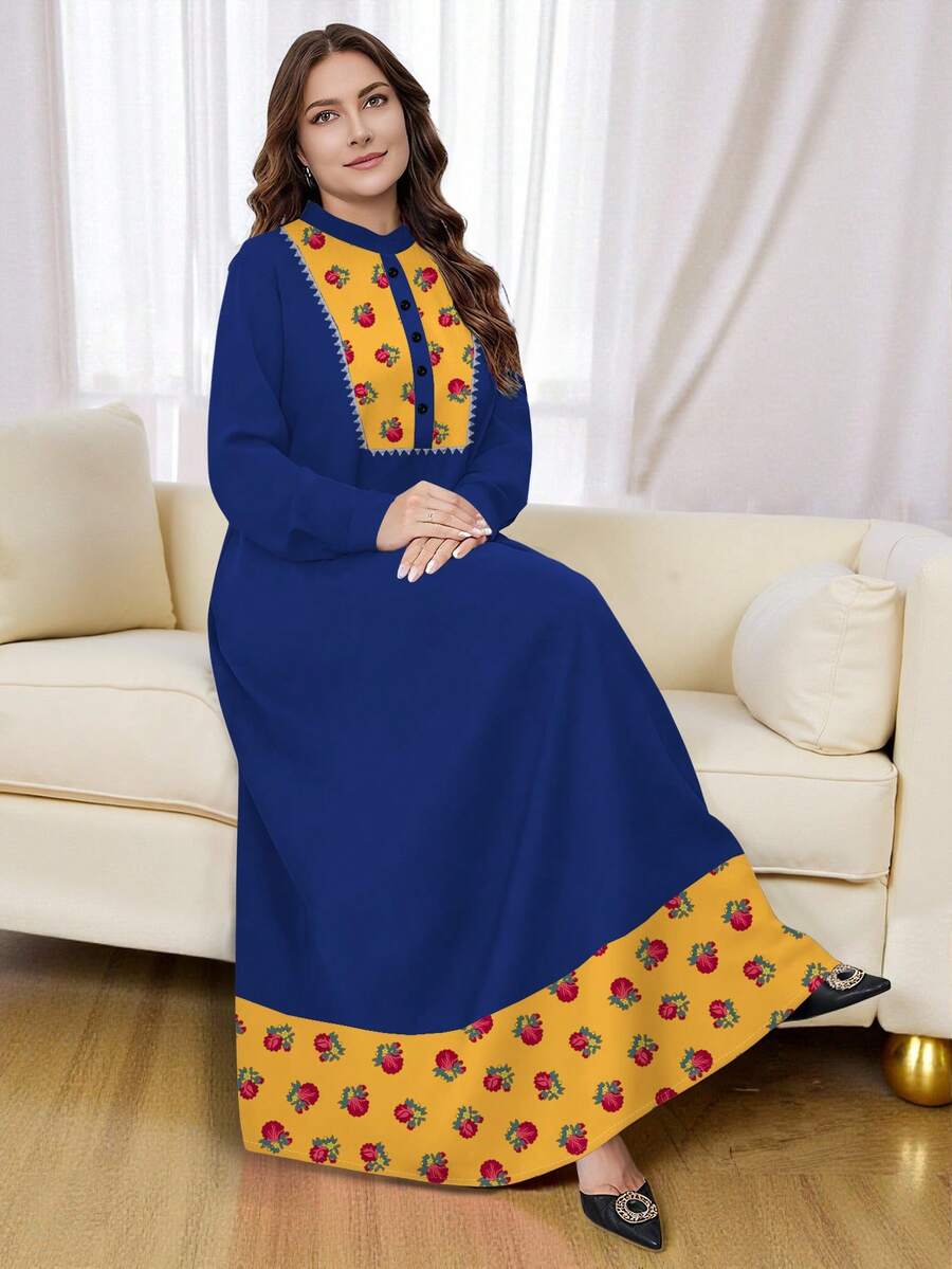 SHEIN Najma 大码女式印花纽扣领长袖连衣裙,时尚春秋季款,设计师女式连衣裙,皇家蓝女式连衣裙,土耳其长款连衣裙,女式库尔塔 - 彩色 - 查看 1
