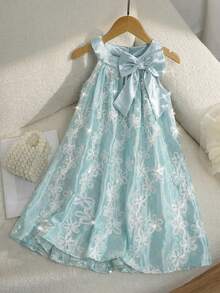 SHEIN Abito elegante e alla moda con collo rotondo e maniche corte per ragazze pre-adolescenti - Blu - Visualizzare 2