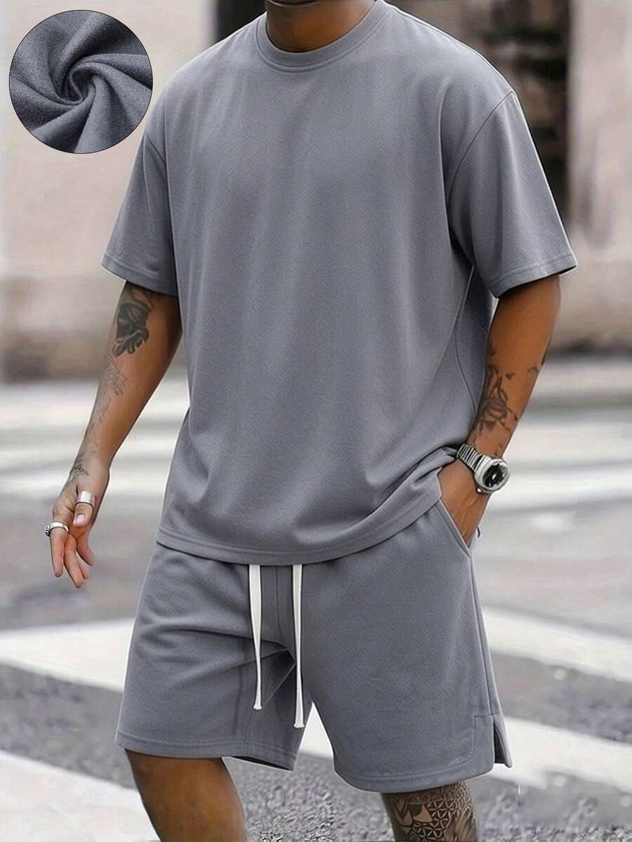 Manfinity Homme Men's Casual Suede Short Sleeve Set - Grey - View 1