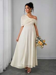 Momance 单肩雪纺上衣搭配针织下摆的孕妇连衣裙，双层雪纺和罗纹面料长裙 - 杏色 - 查看 1