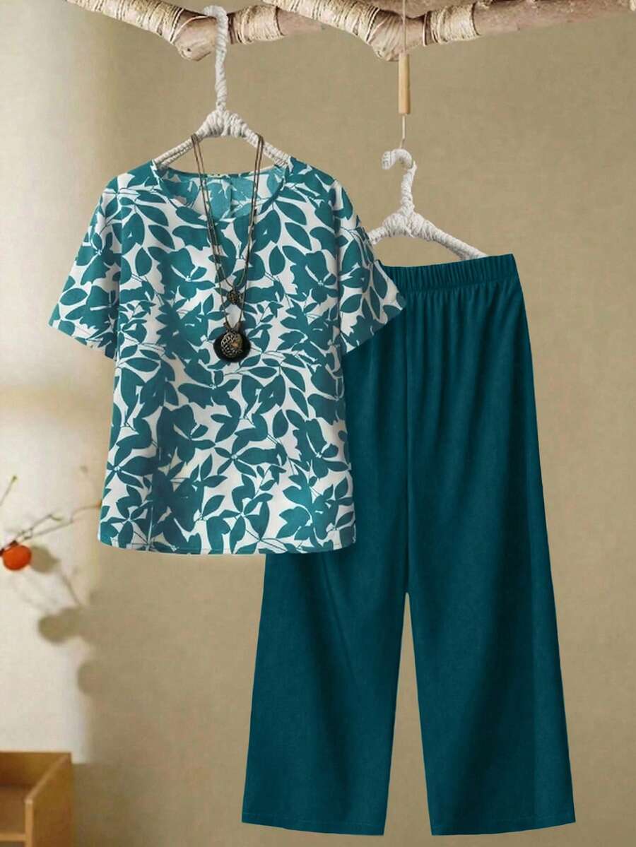 SHEIN LUNE CURVE 两件套加大码女装夏季纯色圆领蝙蝠袖上衣和阔腿裤休闲套装 - 薄荷藍 - 查看 1