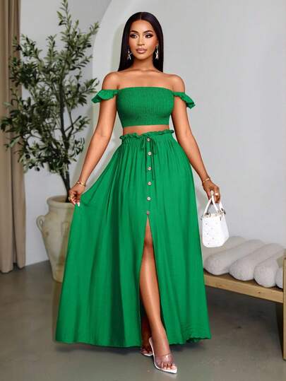 SOLERSUN Kadınlar için Tatil Romantik Zarif Keten Görünümlü Omuzları Açık Küçük Uçuşan Kollu Crop Top ve A Kesim Ön Orta Yırtmaçlı Maxi Etek Takımı, Kadın İki Parça Kıyafet, Günlük Rahat Giyim