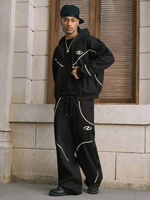 AXEPEAK Conjunto de chándal casual con sudadera con capucha con cremallera y ribete de contraste y pantalón de chándal para hombre - Negro - Ver 5
