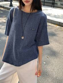 DAZY Women's Casual Loose Letter Print Round Neck Drop Shoulder T-Shirt Summer - Blue - View 5